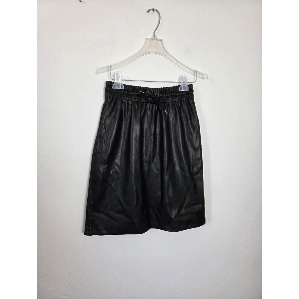 Downeast Black Faux Leather Skirt Midi Drawstring Waist Chic Moto Office Small